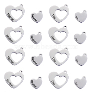 8Pcs 4 Styles Hollow Heart with Word, Stainless Steel Color, 18~29x16~26x1.5mm, Hole: 2.5mm, 2pcs/style(STAS-CJ0001-223)