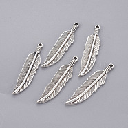 Tibetan Style Alloy Charms, Lead Free & Cadmium Free & Nickel Free, Feather, Antique Silver, 42x10x2mm, Hole: 2mm(TIBEP-16624-AS-NR)