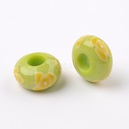 Handmade Polymer Clay Enamel European Beads, Large Hole Rondelle Beads, Green Yellow, 14x7.5mm, Hole: 5.5mm(FPDL-J002-01)
