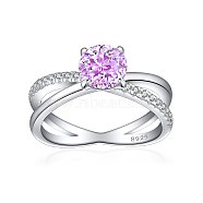 925 Sterling Silver Micro Pave Cubic Zirconia Plain Band Rings, Real Platinum Plated, Flat Round, Violet, US Size 7(17.3mm)(RJEW-P103-06P-C)