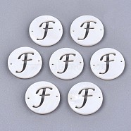 Natural Freshwater Shell Links Connectors, Flat Round with Letter, Letter.F, 14.5x1.5mm, Hole: 0.9mm(SHEL-S276-120F)