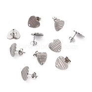 304 Stainless Steel Stud Earring Findings, with Ear Nuts, Textured Heart, Stainless Steel Color, 12x13mm, Hole: 1.5mm, Pin: 0.7mm(STAS-I183-03B-P)