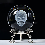 Carving Crystal Ball, Glass Sphere Decoration, with Platinum Tone Alloy Stand, Clear, Skeleton, 60mm(PW-WG57829-01)