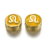 Brass Beads, with Enamel, Flat Round with Constellation, Real 18K Gold Plated, Gold, Leo, 10x5mm, Hole: 4.5x2.5mm(ENAM-I046-02G-03)