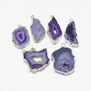 Natural Druzy Agate Pendants, with Platinum Tone Iron Findings, Dyed, Nuggets, Medium Slate Blue, 20~60x13~50x4~8mm, Hole: 1~4mm(G-Q494-65F-P)