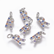 Brass Micro Pave Cubic Zirconia Charms, Letter, Colorful, Platinum, Letter.R, 9.6x5.3x1.8mm, Hole: 2~2.5mm(ZIRC-L070-38R-P)