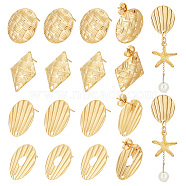 24Pcs 4 Style Flat Round & Rhombus & Shell Shape 304 Stainless Steel Stud Earring Findings, Golden, 20~24x17.5~20x1mm, Hole: 1.6~1.7mm, Pin: 0.8mm, 6Pcs/style(STAS-UN0048-30)