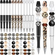 Leopard Print Pattern Plastic Ball-Point Pen, Beadable Pen, for DIY Personalized Pen with Wood Round & Rhinestones Beads, Camel, 130x190x25mm, round: 36pcs(PW-WG18950-01)