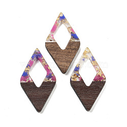 Walnut Wood Pendants, Resin and Gold foil, Rhombus, Camellia, 47.5x25.5x3.5mm, Hole: 2mm(FIND-Z050-02F)