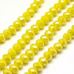 Electroplate Opaque Solid Color Crystal Glass Rondelle Beads Strands, Faceted, AB Color Plated, Yellow, 10x7mm, Hole: 1mm, about 70pcs/strand, 20 inch(EGLA-F047A-14AB)