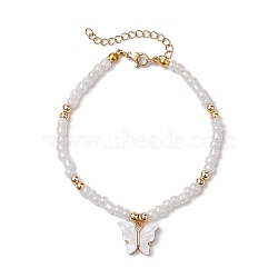 Butterfly Alloy Acrylic Charm Bracelets, Glsss Seed Beaded Bracelets for Women, White, 9-7/8 inch(25cm)(BJEW-JB10487-01)