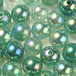 UV Plating Rainbow Iridescent Acrylic Beads, Round, Green, 13.5x13mm, Hole: 3mm(OACR-F004-04F)