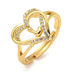 Heart with Letter Rack Plating Brass Micro Pave Clear Cubic Zirconia Adjustable Rings for Women, Lead Free & Cadmium Free, Real 18K Gold Plated, Letter L, Inner Diameter: 16mm(RJEW-I105-01G-L)