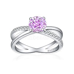 925 Sterling Silver Micro Pave Cubic Zirconia Plain Band Rings, Real Platinum Plated, Flat Round, Violet, US Size 7(17.3mm)(RJEW-P103-06P-C)