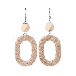 Dangle Earrings, with Wood Beads, ABS Plastic Covered with Jute Twine Linking Rings and Brass Earring Hooks, Oval, Wheat, 92.5mm, Pin: 0.6mm(EJEW-JE03012-01)