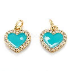 Brass Micro Pave Clear Cubic Zirconia Pendants, with Enamel, Real 18K Gold Plated, Long-Lasting Plated, Heart, Medium Turquoise, 12x11x2mm, Hole: 3.2mm(ZIRC-M115-43G-A)