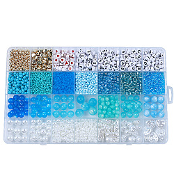 DIY 28 Style Resin & Acrylic & ABS Beads Jewelry Making Finding Kit, Flat Round & Rice & Barrel & Nugget & Heart & Strip, Light Sky Blue, 5.5~18.5x7~14x2~12x1.5~11mm, Hole: 0.7~2mm(DIY-NB0012-03A)