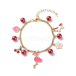 Alloy Enamel Charm Bracelets, with Glass Pearls Beads, 304 Stainless Steel Lobster Claw Clasps & Chains, Hot Pink, Pendants: 11~28x8~21x1.5~8mm, 7-1/2 inch(19cm)(BJEW-JB08707-03)