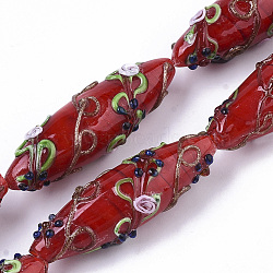 Handmade Gold Sand Lampwork Beads Strands, Bumpy, Rice with Flower Pattern, Dark Red, 45~47.5x14.5~15.5mm, Hole: 1.5mm, about 10pcs/Strand, 17.72 inch(LAMP-T007-02E)