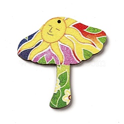 Printed Wooden Pendants, Mushroom Charms with Sun, for DIY Jewelry Decorated Making, Yellow, 45x43x2mm, Hole: 2mm(WOOD-B007-01B)