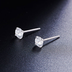 SHEGRACE Rhodium Plated 925 Sterling Silver Four Pronged Ear Studs, with AAA Cubic Zirconia, Clear, 4mm(JE420A-01)