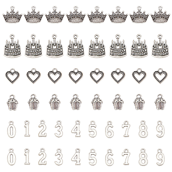 CHGCRAFT 100Pcs 5 Style Tibetan Style Alloy Pendants, Cake with Happy Birthday & Number, Cadmium Free & Lead Free, Antique Silver, 14~22x10~17.8x1.5~8mm