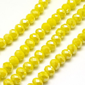 Electroplate Opaque Solid Color Crystal Glass Rondelle Beads Strands, Faceted, AB Color Plated, Yellow, 10x7mm, Hole: 1mm, about 70pcs/strand, 20 inch