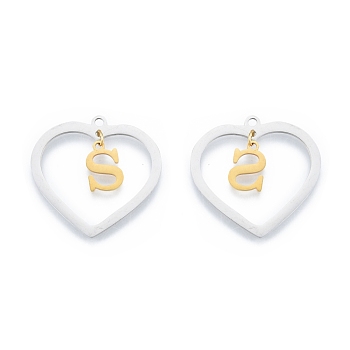 201 Stainless Steel Pendants, Hollow, Heart with Letter A~Z, Real Gold Plated & Stainless Steel Color, Letter.S, 29x29.5x1mm, Hole: 2mm, A~Z: 12x8~10.5x1mm