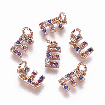 Brass Micro Pave Cubic Zirconia Charms, Letter, Colorful, Rose Gold, Letter.E, 9.5x4.8x1.7mm, Hole: 2mm