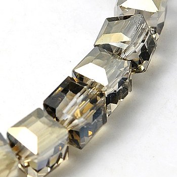Electorplated Glass Beads, Rainbow Plated, Faceted, Cube, Tan, 10~11x10~11x10~11mm, Hole: 1mm