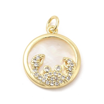 Brass Clear Cubic Zirconia with Shell Pendants, Flat Round Charms with Constellation Pattern, Golden, Cancer, 17x15x3mm, Hole: 3mm