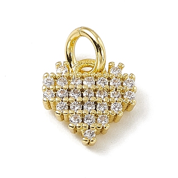 Brass Micro Pave Clear Cubic Zirconia Heart Charms, with Open Jump Rings, Real 18K Gold Plated, 8x8x2.2mm, Jump Ring: 4.5x0.7mm, Inner Diameter: 3mm 