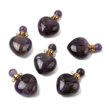 Natural Amethyst Pendants, Openable Perfume Bottle, with Golden Tone Brass Findings, Heart Shape, 33~35x22~23x12~13mm, Hole: 3.5mm, capacity: 1ml(0.03 fl. oz)