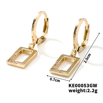 Elegant Vintage Copper Hoop Earrings with Geometric Zircon Stones, Golden, Rectangle, 25x7mm