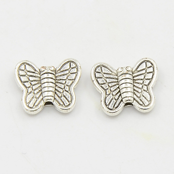 Alloy Beads, Cadmium Free & Nickel Free & Lead Free, Butterfly, Antique Silver Color, Size: about 8mm long, 10mm wide, 3mm thick, hole: 1mm