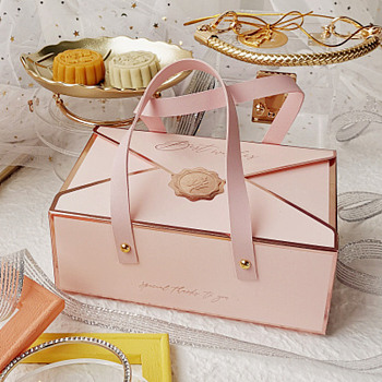 CardBoard Boxes, Gift Storage Supplies, with Imitation Leather Handles, Rectangle, Misty Rose, 21.5x14x8cm