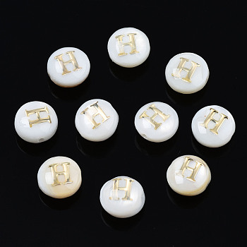 Natural Freshwater Shell Beads, with Golden Plated Brass Etched Metal Embellishments, Flat Round with Letter, Seashell Color, Letter.H, 6x4mm, Hole: 0.8mm