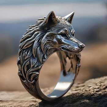 Wolf Zinc Alloy Finger Rings for Men, Antique Silver, 25mm, US Size 11(20.6mm)