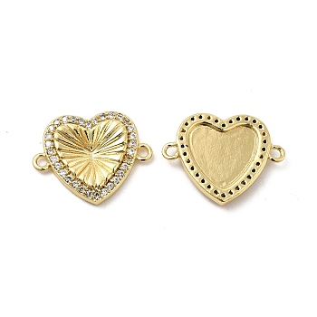 Brass Micro Pave Clear Cubic Zirconia Connector Charms, Heart Links, Real 18K Gold Plated, 16.5x21x3mm, Hole: 1.6mm