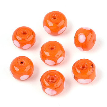 Handmade Lampwork Beads, Donut with Polka Dot, Coral, 11.5~12.5x8.5~9.5mm, Hole: 0.7~1.4mm