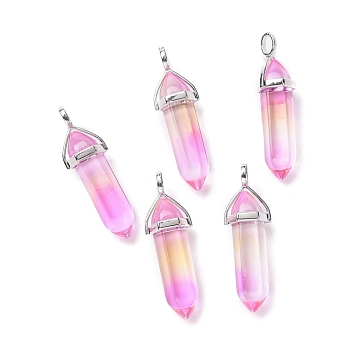 Faceted Bullet Glass Pointed Pendants, with Platinum Plated Brass Findings, Violet, 38~39.5x12.5x10mm, Hole: 5x3mm