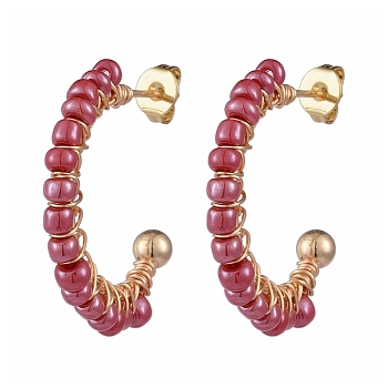 Brass Stud Earring, Half Hoop Earrings, with Glass Seed Beads and Plastic Ear Nuts, Crimson, 21.5x24x4mm, Pin: 0.6mm