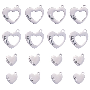 8Pcs 4 Styles Hollow Heart with Word, Stainless Steel Color, 18~29x16~26x1.5mm, Hole: 2.5mm, 2pcs/style