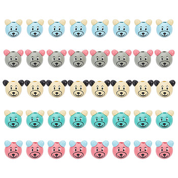 40Pcs 5 Colors Wood European Beads, Large Holes Beads, Bear, Mixed Color, 25x31x24mm, Hole: 6mm, 8pcs/color