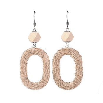 Dangle Earrings, with Wood Beads, ABS Plastic Covered with Jute Twine Linking Rings and Brass Earring Hooks, Oval, Wheat, 92.5mm, Pin: 0.6mm