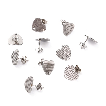 304 Stainless Steel Stud Earring Findings, with Ear Nuts, Textured Heart, Stainless Steel Color, 12x13mm, Hole: 1.5mm, Pin: 0.7mm