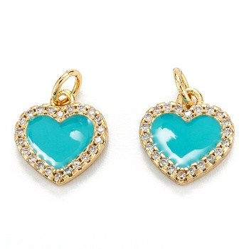 Brass Micro Pave Clear Cubic Zirconia Pendants, with Enamel, Real 18K Gold Plated, Long-Lasting Plated, Heart, Medium Turquoise, 12x11x2mm, Hole: 3.2mm