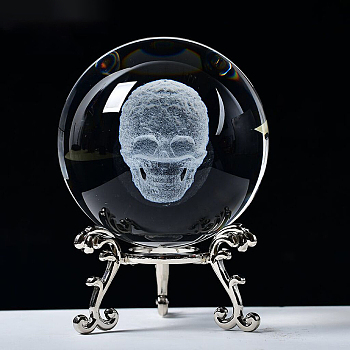 Carving Skull Crystal Ball, Glass Sphere Decoration, with Platinum Tone Alloy Stand, Clear, 60mm