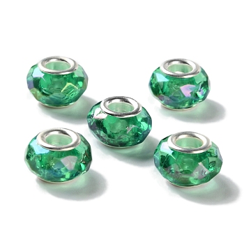 Shell Transparent Brass Cores Acrylic European Beads, Rondelle, Large Hole Bead, Faceted, Silver, Sea Green, 15x9mm, Hole: 5mm