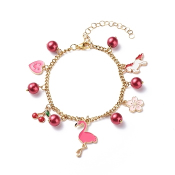 Alloy Enamel Charm Bracelets, with Glass Pearls Beads, 304 Stainless Steel Lobster Claw Clasps & Chains, Hot Pink, Pendants: 11~28x8~21x1.5~8mm, 7-1/2 inch(19cm)